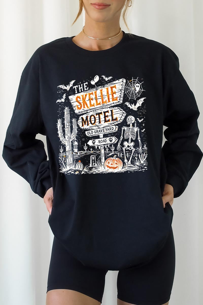 UL240-E3108 Skellie Motel Halloween Graphic Long Sleeve Tee $13.75