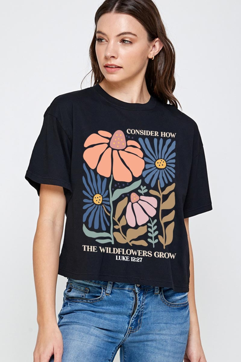 CTS-E3067 Consider the Wildflowers Graphic Relaxed Crop Top $11