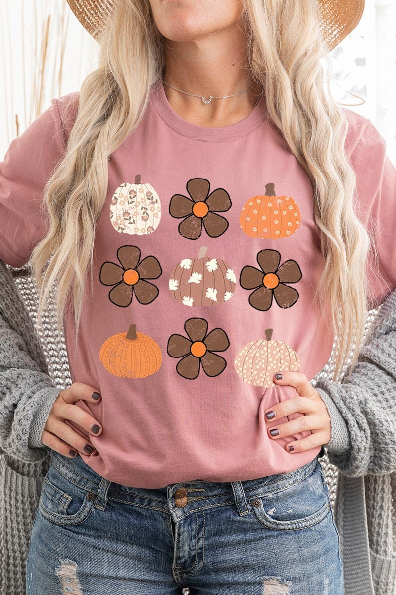 US3001P-E3117 Pumpkins & Flowers Fall Graphic Plus Tee $16
