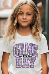 US3001Y-E3127Z Purple Gingham Game Day Kids Graphic Tee $11