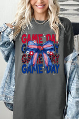 5000-E3087 Red Blue Football Game Day Bow Heavy Cotton Tee $9