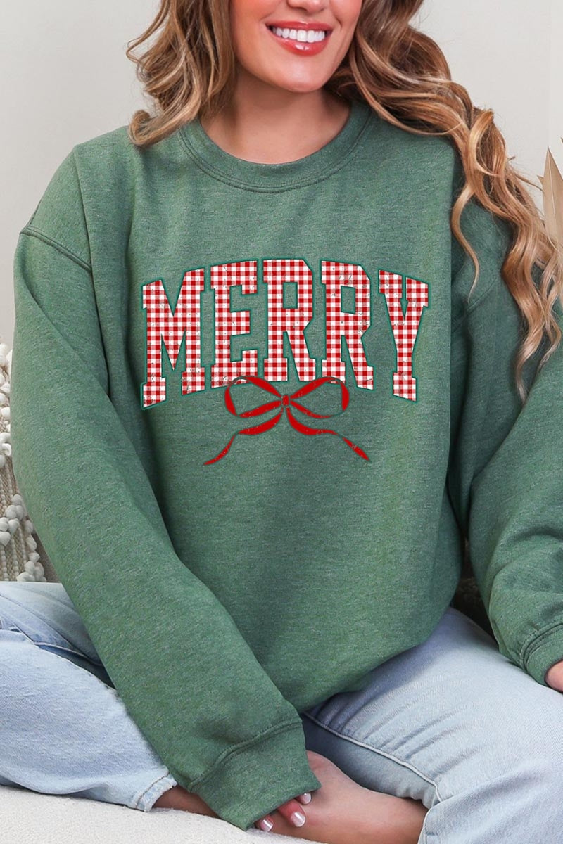 UL190-E3206 Plaid Merry Christmas Bow Graphic Sweatshirt $20