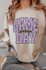 UL180P-E3127 Purple Gingham Game Day Graphic Plus Sweatshirt $25