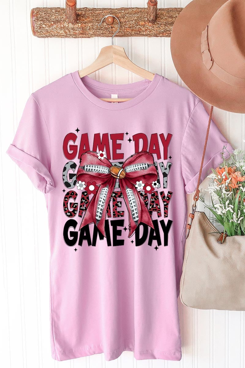US3001-E3093 Red Silver Football Game Day Bow Graphic Tee $12.5