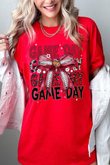5000P-E3093 Red Silver Football Bow Plus Heavy Cotton Tee $12.75