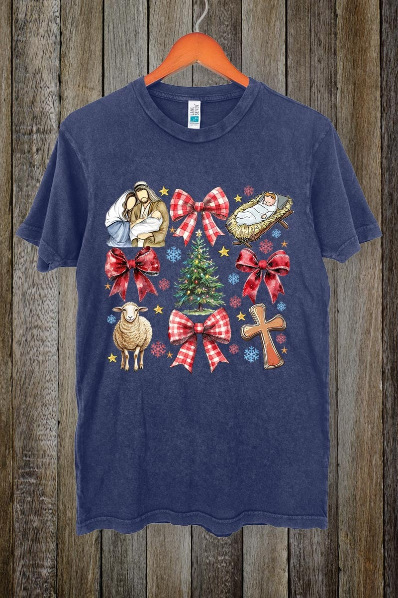 LS002-E3219 Nativity Scene Christmas Graphic Vintage Tee $15.5