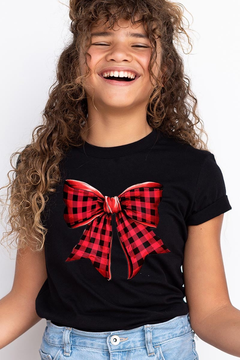 US3001Y-E3198Z Red Buffalo Plaid Bow Kids Graphic Tee $11
