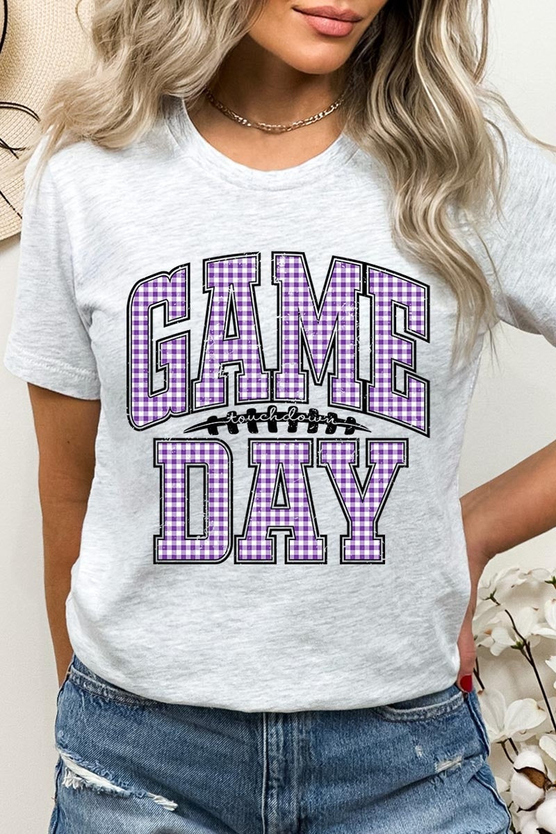 US3001-E3127 Purple Gingham Game Day Graphic Tee $12.5