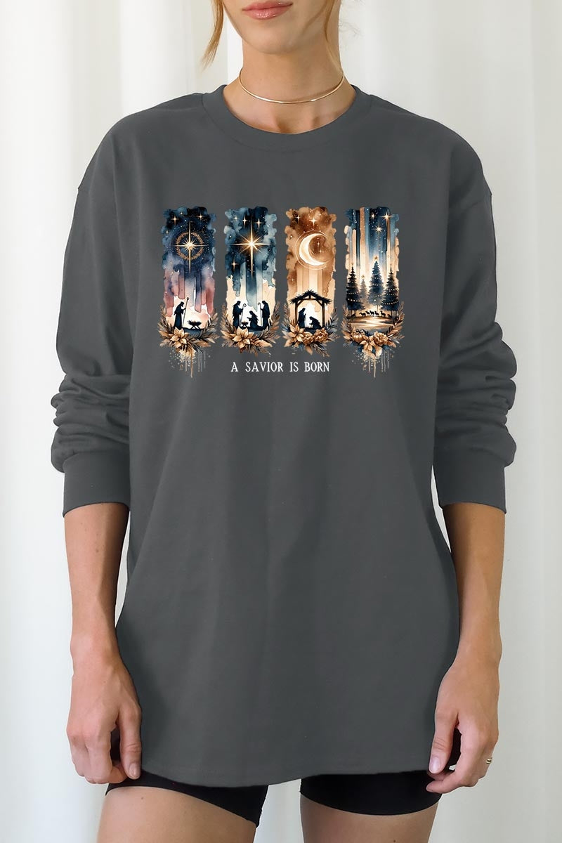 UL240-E3204 Savior Is Born Nativity Graphic Long Sleeve Tee $13.75