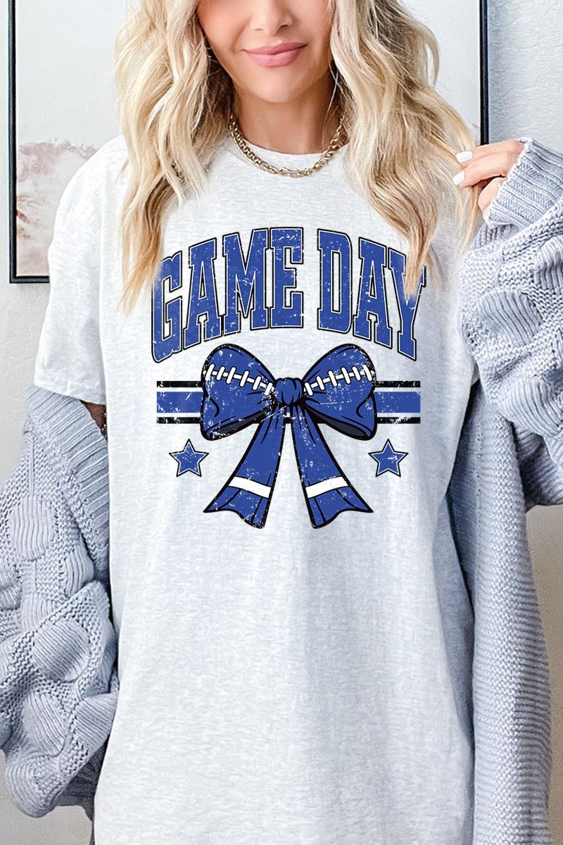 5000-E3065 Blue Football Bow Graphic Heavy Cotton Tee $9