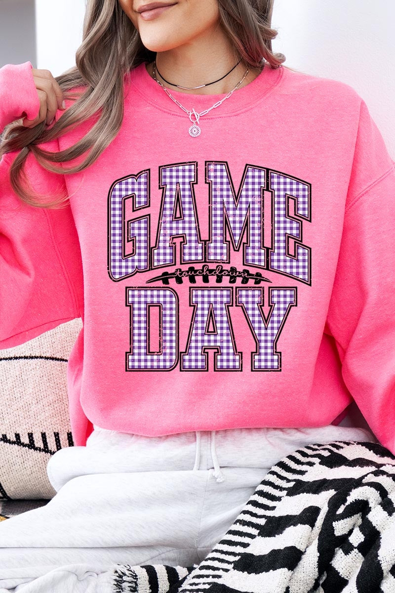 UL180-E3127 Purple Gingham Game Day Graphic Sweatshirt $20