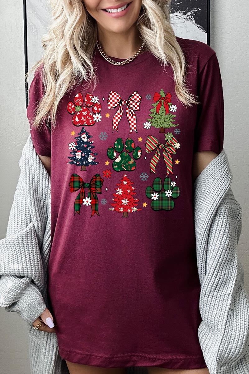 US3001-E3195 Christmas Bow Paw Graphic Tee $12.5
