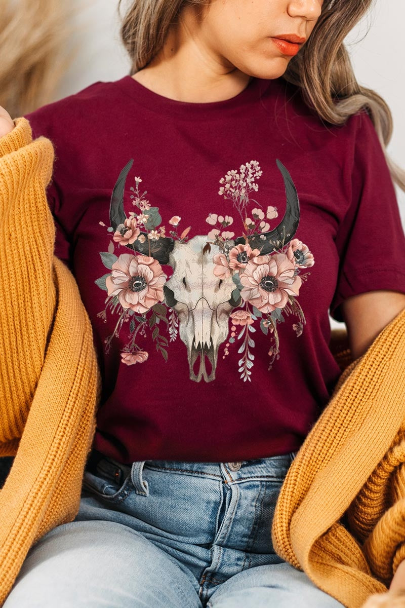 US3001-E3113 Western Skull Floral Graphic Tee $12.5