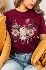 US3001-E3113 Western Skull Floral Graphic Tee $12.5