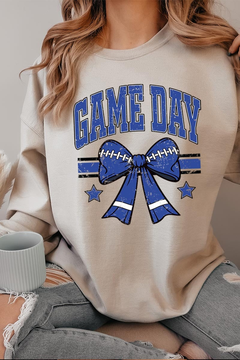 UL180-E3065 Blue Game Day Football Bow Graphic Sweatshirt $20