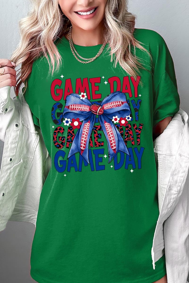 5000P-E3087 Red Blue Football Bow Plus Heavy Cotton Tee $12.75