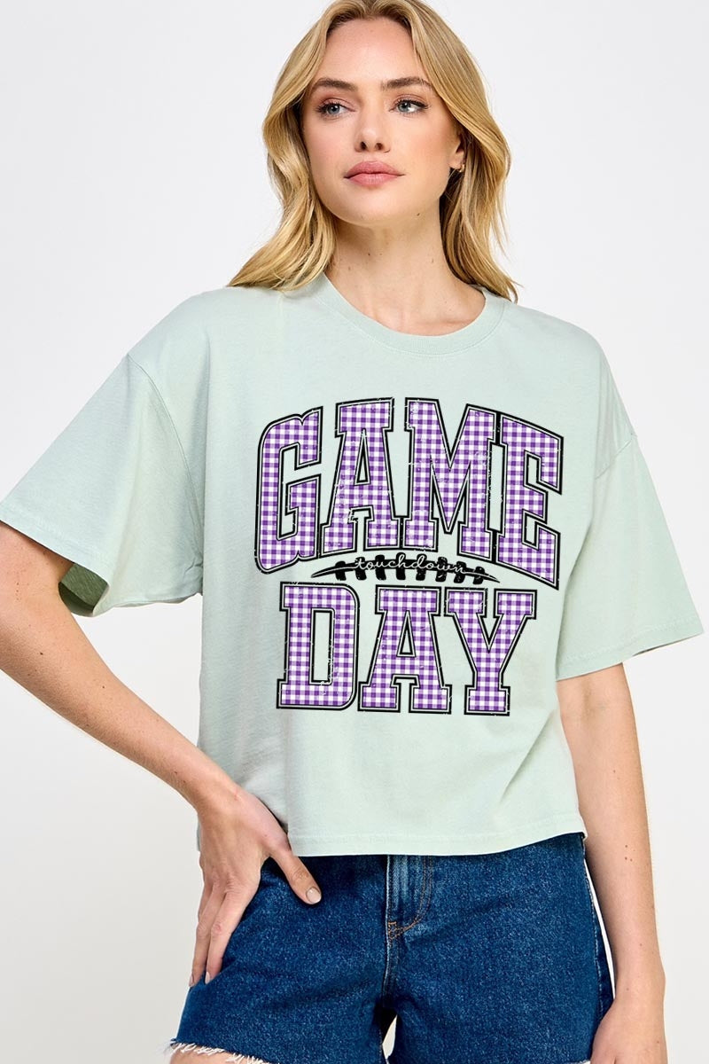 CTS-E3127 Purple Gingham Game Day Graphic Relaxed Crop Top $11