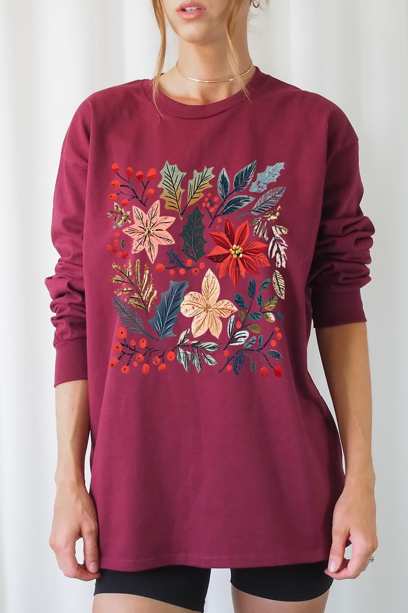 UL240-E3186 Floral Christmas Graphic Long Sleeve Tee $13.75
