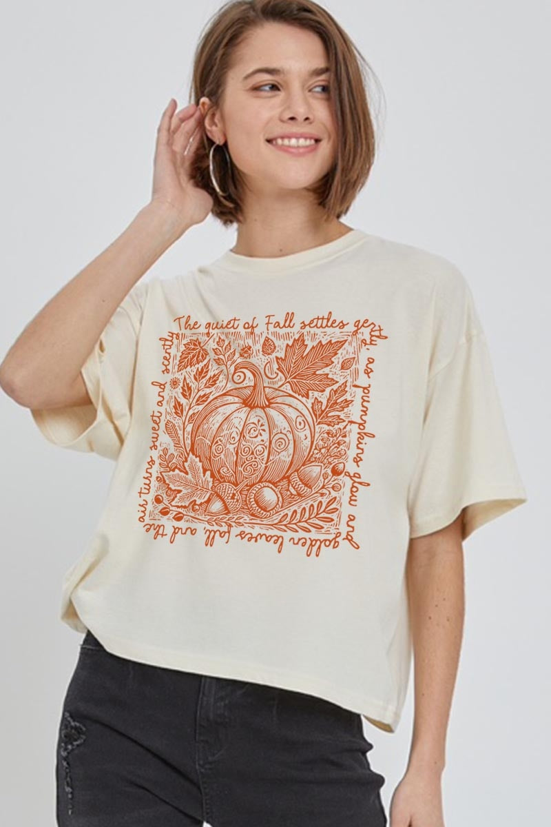 CTS-E3112 Fall Pumpkin Botanical Graphic Relaxed Crop Top $11