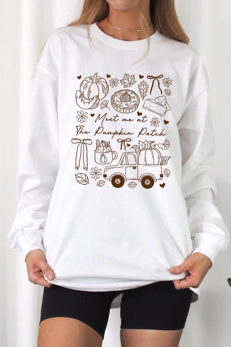 UL240P-E3163 Pumpkin Patch Doodle Graphic Plus Long Sleeve Tee $17