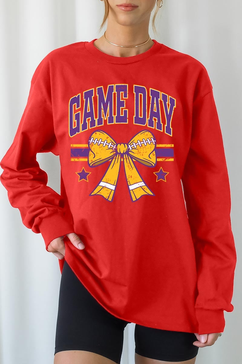 UL240P-E3063 Purple Game Day Football Bow Plus Long Sleeve Tee $17