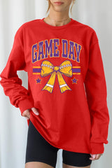UL240-E3063 Purple Game Day Football Bow Long Sleeve Tee $13.75