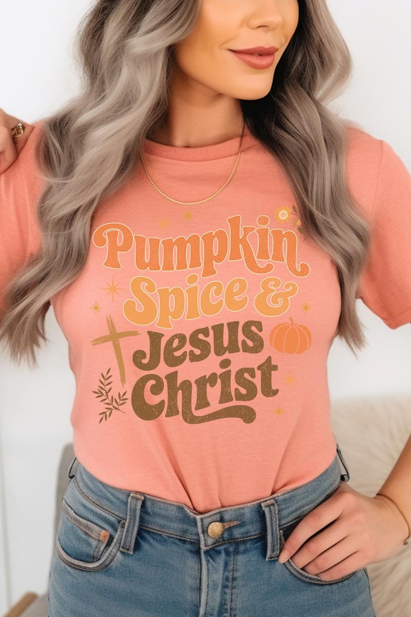 US3001P-E3164 Pumpkin Spice & Jesus Graphic Plus Tee $16
