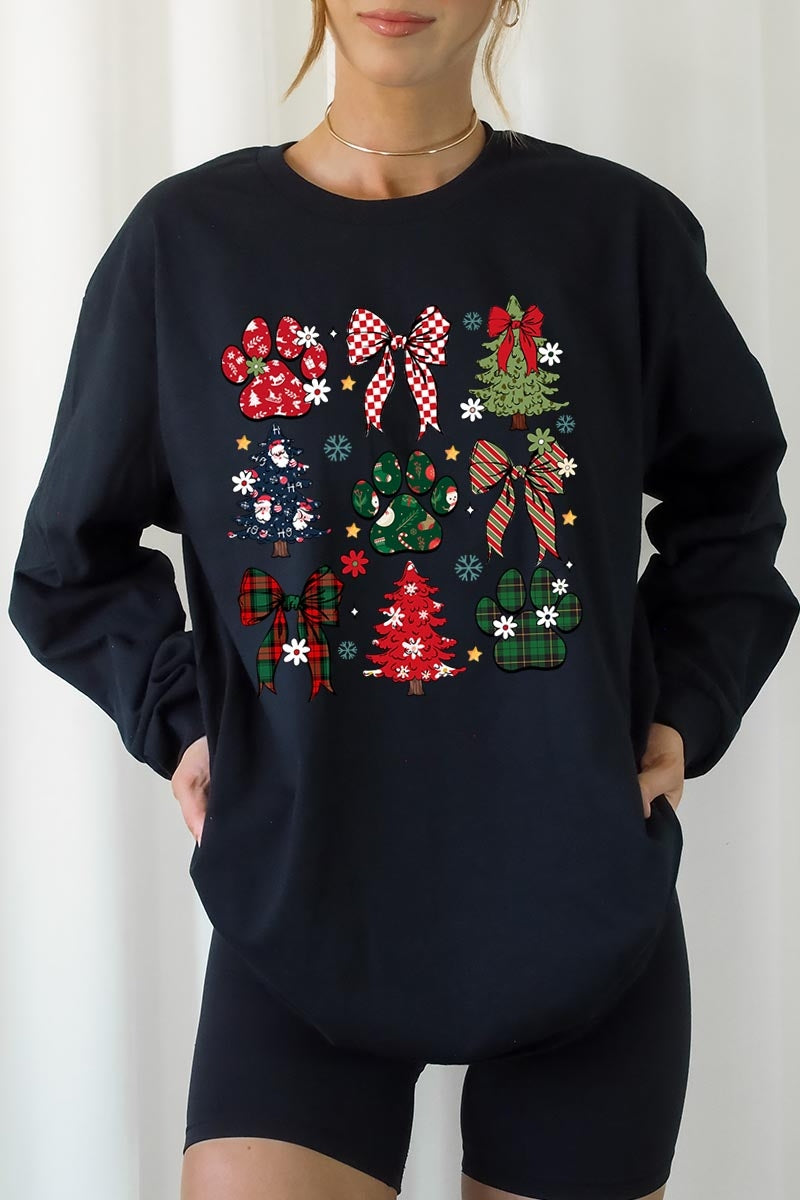 UL240P-E3195 Christmas Bow Paw Graphic Plus Long Sleeve Tee $17