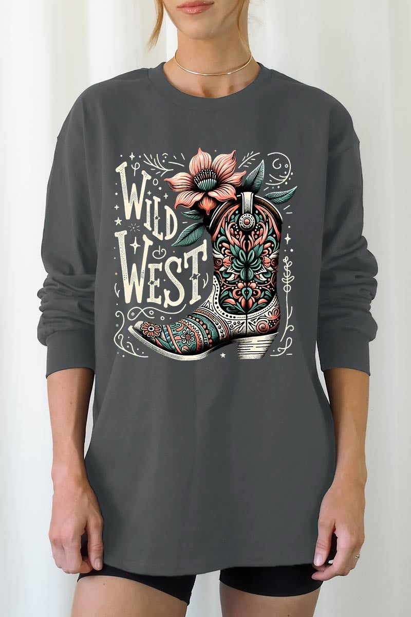 UL240-E3100 Wild West Cowgirl Boot Graphic Long Sleeve Tee $13.75