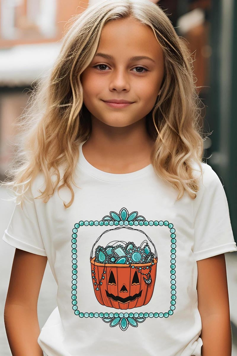 US3001Y-E3140Z Halloween turquoise pumpkin Kids Graphic Tee $11