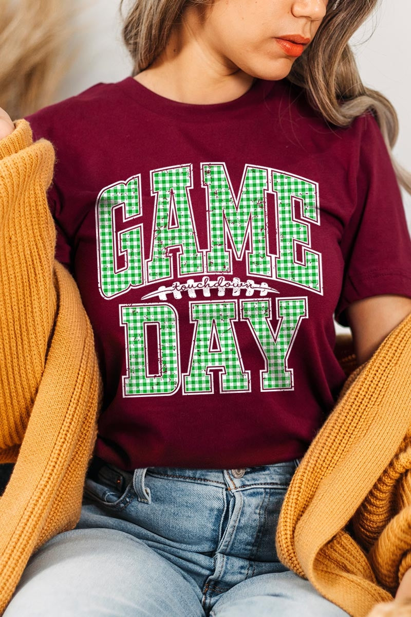 US3001-E3128 Green Gingham Game Day Graphic Tee $12.5