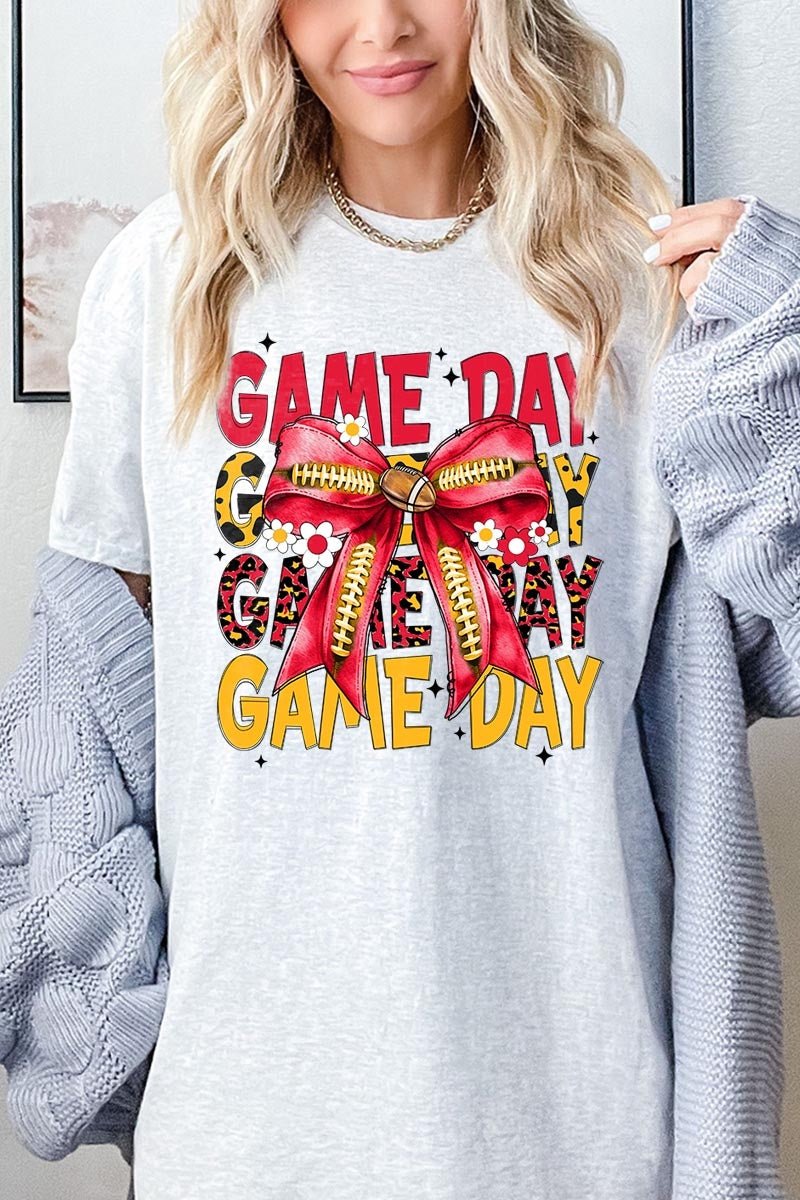 5000-E3091 Red Yellow Football Game Day Bow Heavy Cotton Tee $9