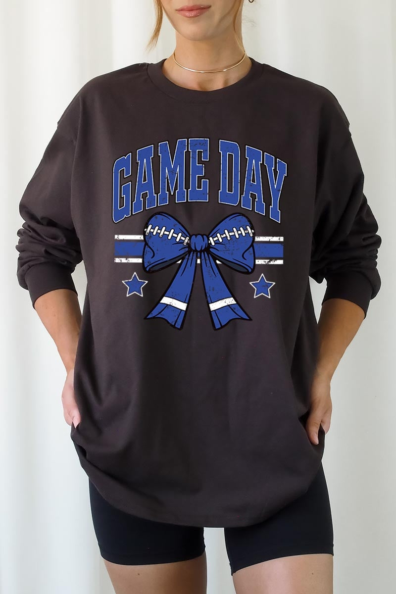 UL240-E3065 Blue Game Day Football Bow Graphic Long Sleeve Tee $13.75